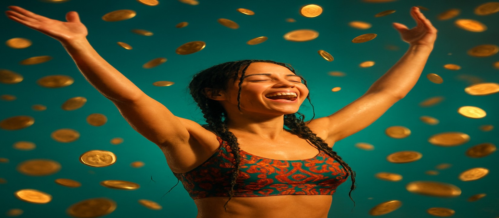 মুদ্রার ঝরনায় ভেসে থাকা রঙিন পোশাকে এক নারী